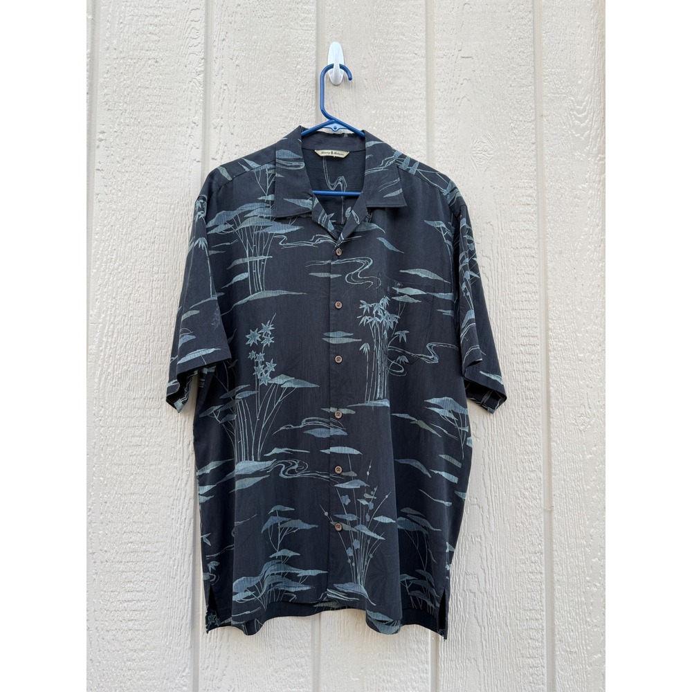 Tommy Bahama Large Silk Camp Shirt Tropical Bamboo Print Black Blue Luxury